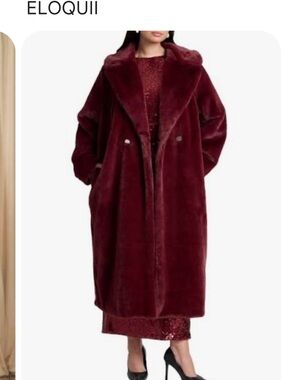 Eloquii Deep Burgundy Plush Faux-Fur Coat